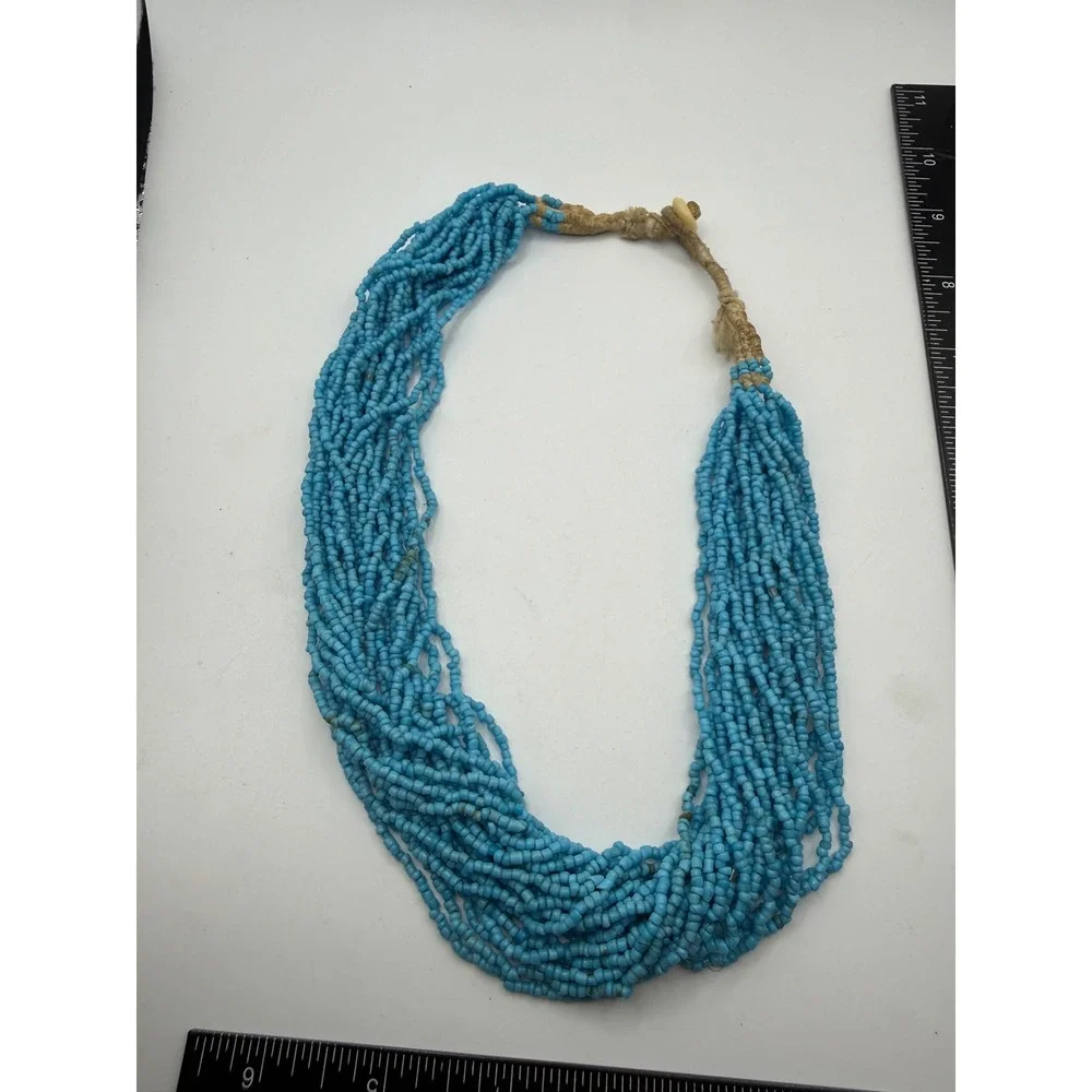 Vintage Multi Strand Turquoise Blue Seed Bead Statement Necklace Tribal Boho
